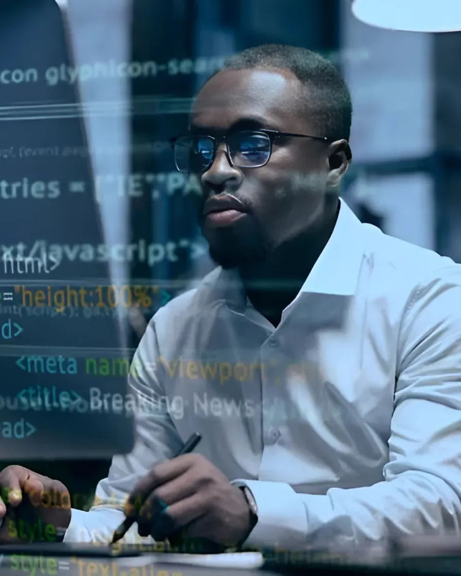 A Sensoft developer in a white shirt, focused on code